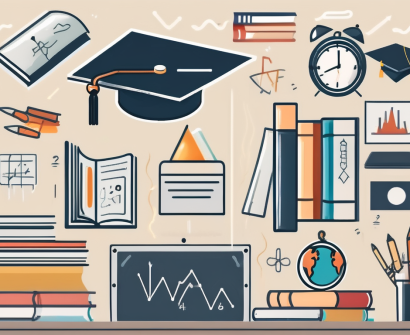 A globe surrounded by various educational symbols such as books