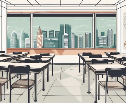 A classroom setting with various teaching tools and a backdrop of iconic singapore landmarks