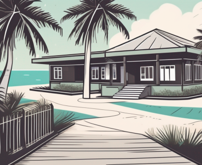 A tropical maldivian school building surrounded by palm trees