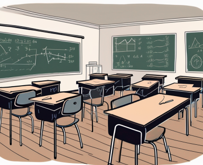 A classroom with empty desks and chairs