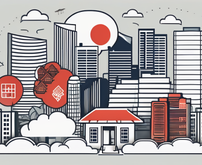 A singapore skyline with various symbolic barriers like a language barrier represented by a speech bubble