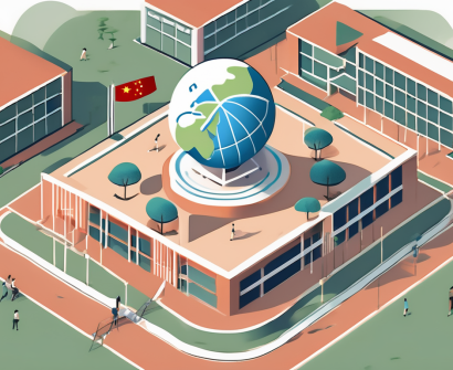 An international school building in china with various symbols of community engagement around it