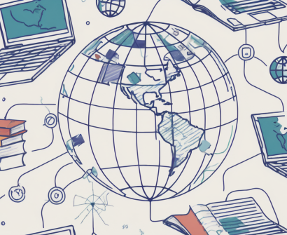 A globe with various school-related icons (like books
