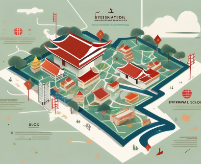 A variety of international school buildings scattered across a stylized map of china