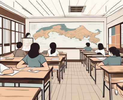 A classroom setting filled with diverse educational materials and taiwanese landmarks