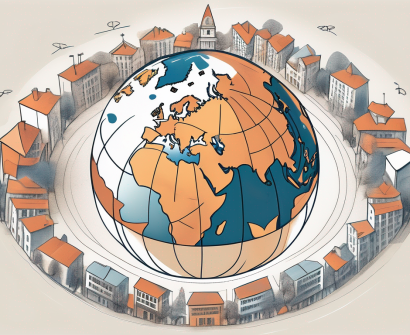 A globe with various educational icons like books