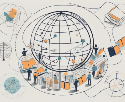A globe with various school-related icons (like books