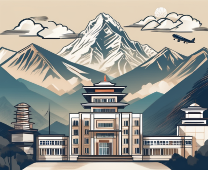 A few international school buildings nestled among the towering himalayan mountains of nepal