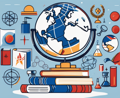 A globe with various iconic educational symbols such as a graduation cap