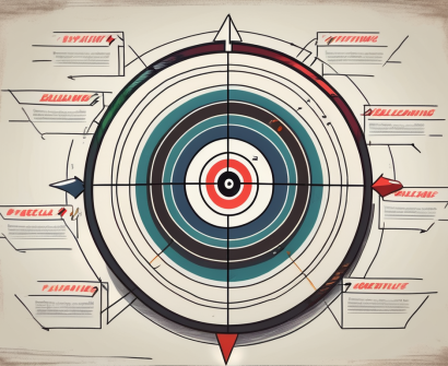 A target board with seven different colored arrows hitting the bullseye