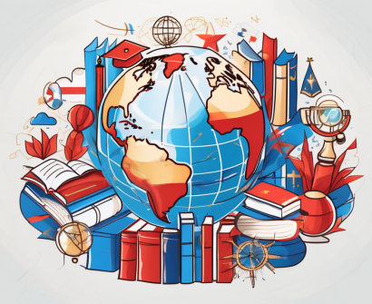 A globe with various iconic educational symbols (like books