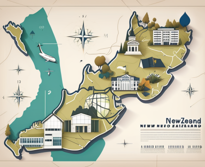 A variety of international school buildings scattered across a stylized map of new zealand