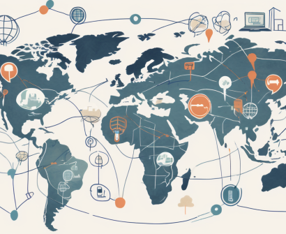 A global map with diverse international school buildings connected by various communication symbols like speech bubbles