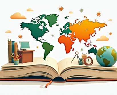 An open book with vibrant illustrations of a classroom on one side and a world map on the other