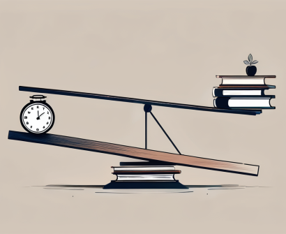 A seesaw with a pile of books on one side and a clock on the other