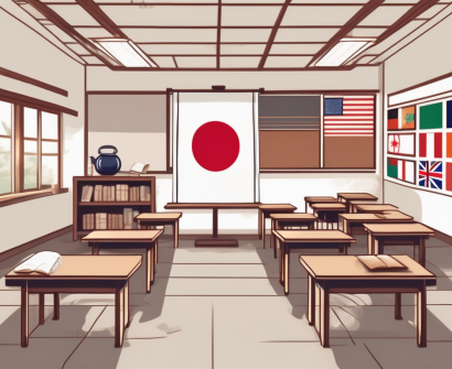 A classroom with diverse cultural symbols such as flags
