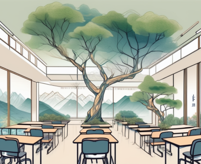 A classroom setting with an interactive quantum teaching system (iqts) amidst various environmental elements like trees