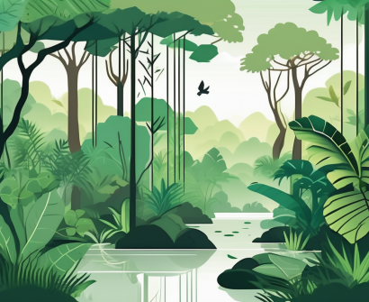 A lush malaysian rainforest with symbols representing education (like a graduation cap and diploma) subtly incorporated into the scenery