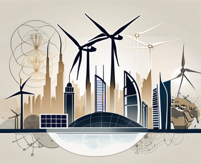 The dubai skyline with environmental elements such as wind turbines and solar panels