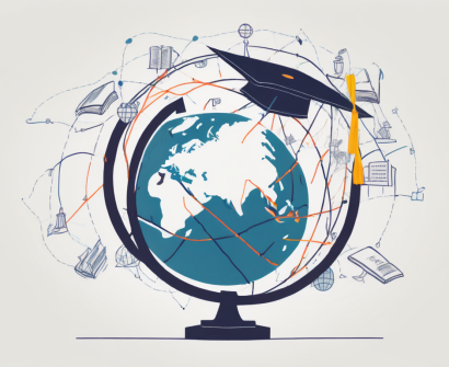 A globe with various school-related symbols (like books