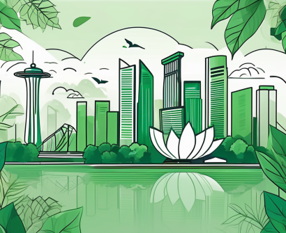 A lush green singapore skyline with iconic landmarks subtly integrated