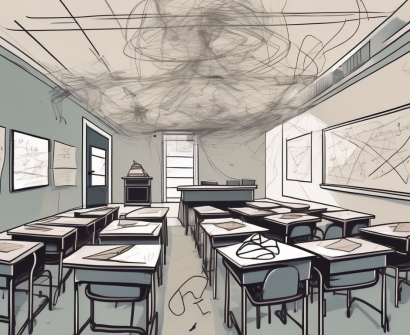 A classroom scene with empty desks