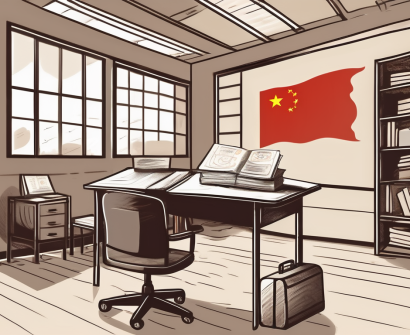 A classroom with an empty teacher's desk