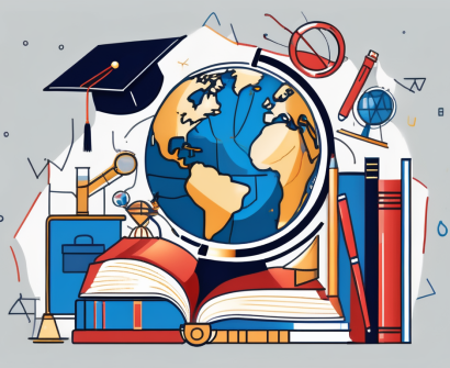 A globe surrounded by various iconic educational tools like books