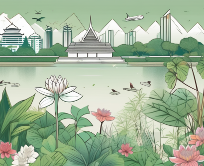 A lush thai landscape featuring a variety of local flora and fauna