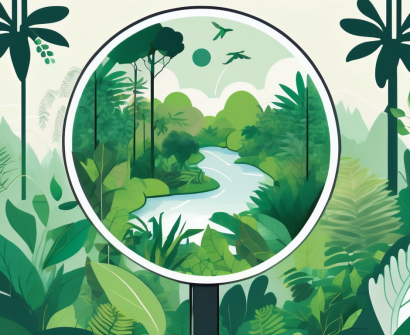 A lush malaysian rainforest with various symbols of environmental education
