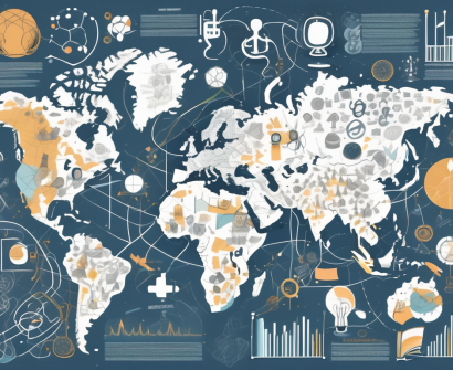 A globe surrounded by various iconic educational symbols like graduation cap