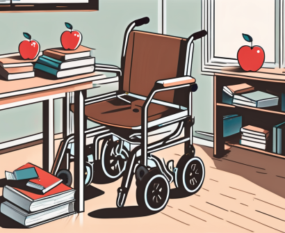 A classroom setting with different educational tools and aids like headphones