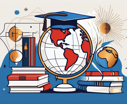 A globe with various iconic educational symbols like a graduation cap