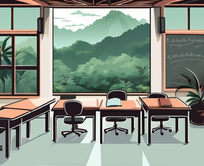 A scenic malaysian classroom overlooking a lush tropical landscape