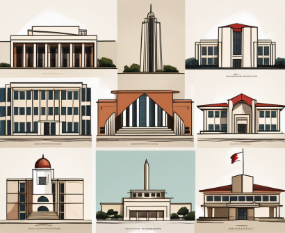 Five different school buildings representing various architectural styles from around the world