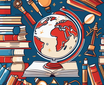 A globe surrounded by various educational tools like books