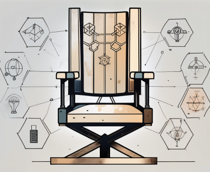 A symbolic director's chair with eight key-shaped symbols around it