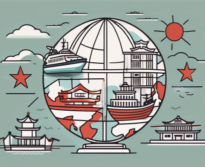 A globe focused on china with various symbolic icons like a school building