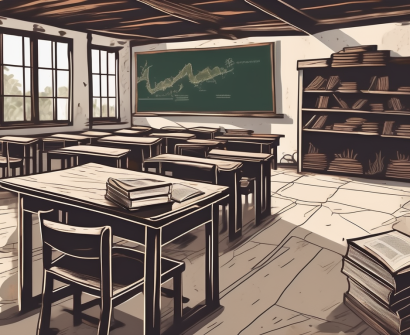 A rustic classroom setting with worn-out desks and chairs