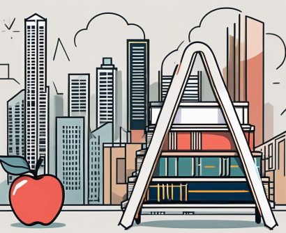 A ladder leaning against a stylized representation of singapore's skyline
