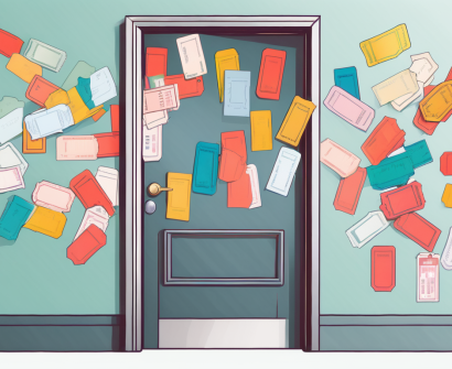 A classroom door slightly ajar with various types of colorful tickets flowing out