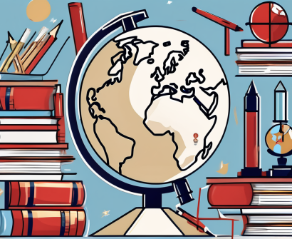 A globe surrounded by various educational tools like books
