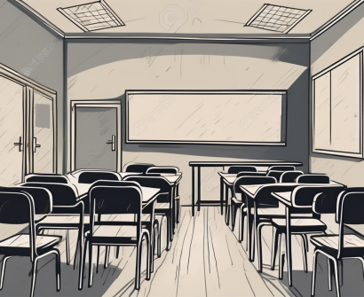 A deserted classroom with empty desks and chairs