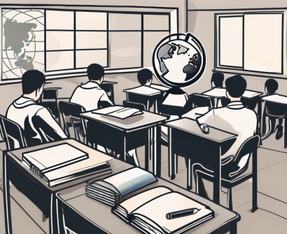 A classroom setting in thailand with various educational tools and elements that symbolize the challenges and strategies in teaching english as a second language