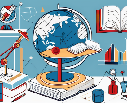 A globe with different iconic educational tools such as a microscope