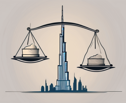 A balanced scale with a graduation cap on one side and the iconic burj khalifa on the other