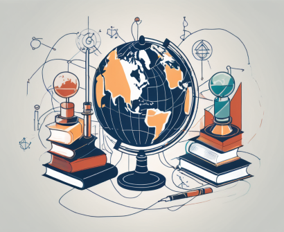 A globe with various educational symbols like books