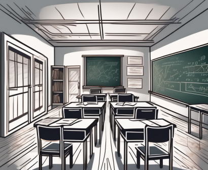 A classroom with desks and chairs arranged in a disarray