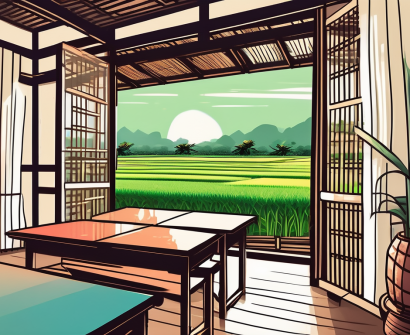 A vibrant vietnamese classroom setting with local elements like traditional lanterns