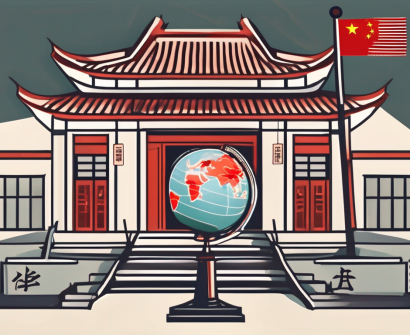 A traditional chinese school building surrounded by various symbolic items such as a suitcase